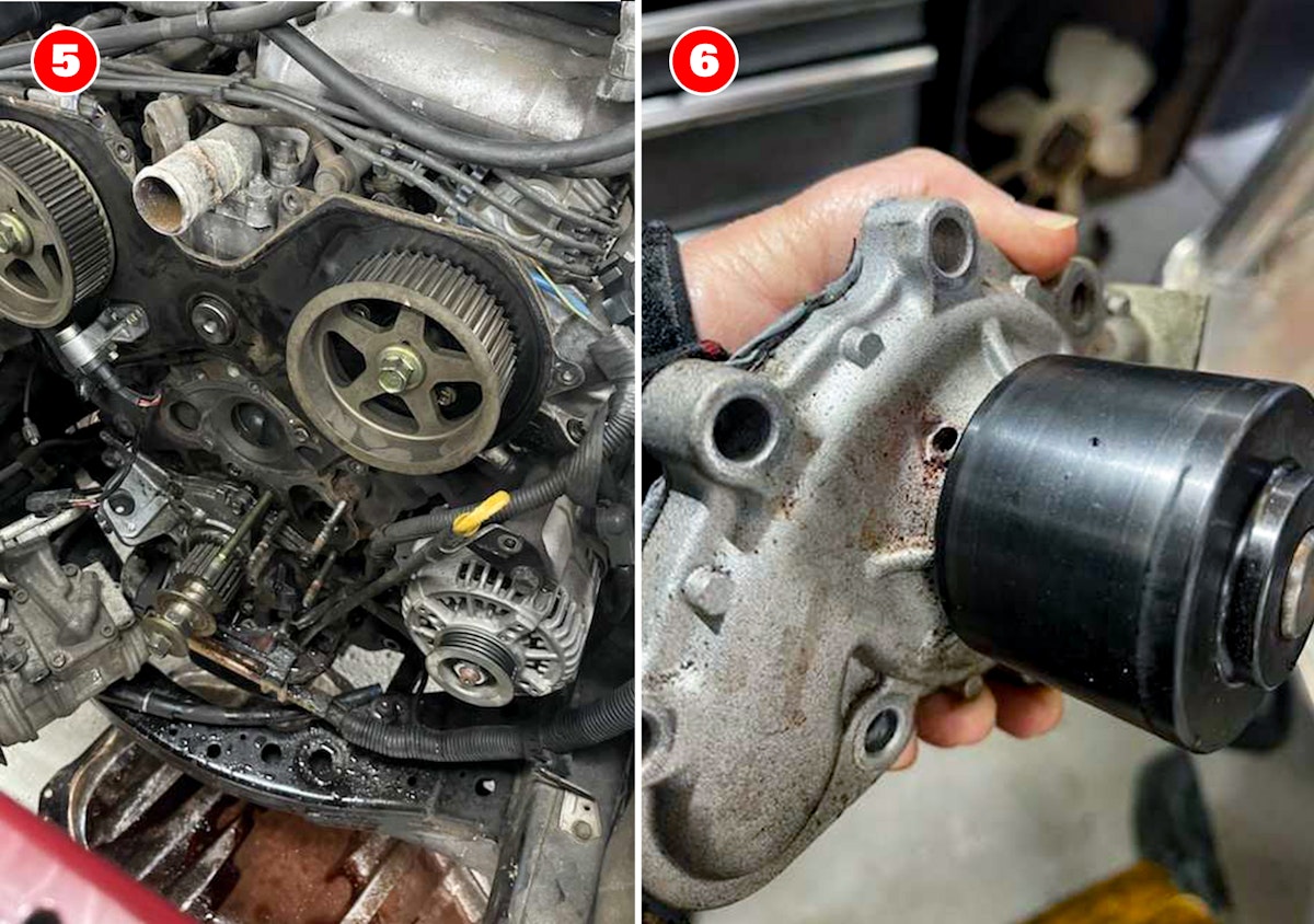 Leaking water pump being diagnosed in a car service workshop in Blackwood, South Australia.